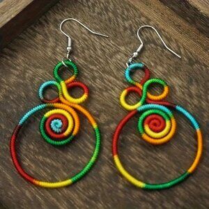 Vintage Inspired Chinese Multi-Green Color Wire Rope Wrapped Dangle Y2K Earrings